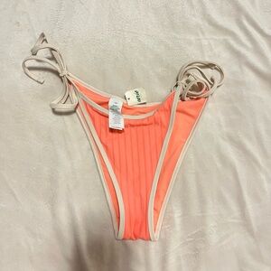 aerie Coral Ribbed Tie-Side Bikini Bottom with Cream Trim